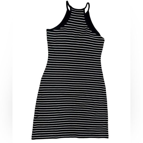 New York & Company Black and White Striped Bodycon Mini Summer Dress Halter Top - Picture 3 of 4